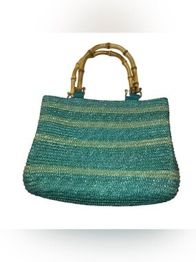 No Brand Blue & Green Woven Straw Bamboo-Handle Straw Tote